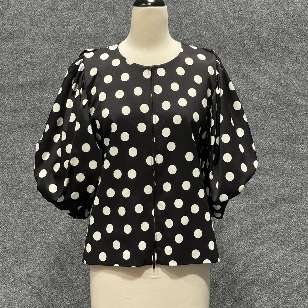 Anne Fontaine Blouse Womens 42 Black Zip Front Jacket Polka Dot Balloon Sleeve